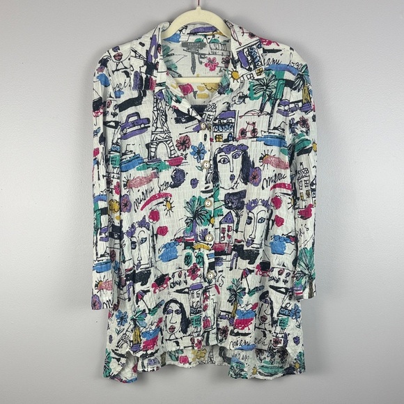 Habitat Multicolor Cotton Blend Artistic Drawing Long Sleeve Oversized XS Blouse - Picture 3 of 12